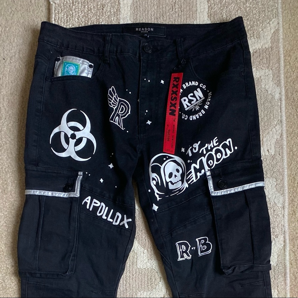 Black baggy streetwear jeans. grunge patchwork w/ white paint designs